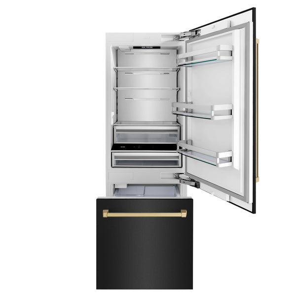 ZLINE Autograph Edition 30 in. 16.1 cu. ft. Built-In Bottom Freezer Refrigerator with Water Dispenser and Ice Maker in Black Stainless Steel with Champagne Bronze Accents (RBIVZ-BS-30-CB)