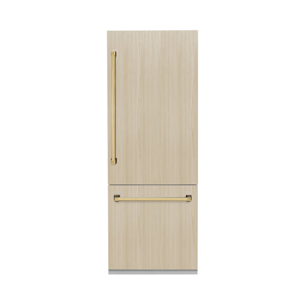 ZLINE Autograph Edition 30 in. 16.1 cu. ft. Panel Ready Built-In Bottom Freezer Refrigerator with Water Dispenser and Ice Maker with Polished Gold Accents (RBIVZ-30-G)