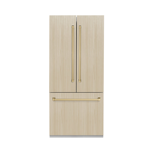ZLINE Autograph Edition 36 in. 19.6 cu. ft. Panel Ready French Door Built-In Bottom Freezer Refrigerator with Water Dispenser and Ice Maker with Champagne Bronze Accents (RBIVZ-36-CB)