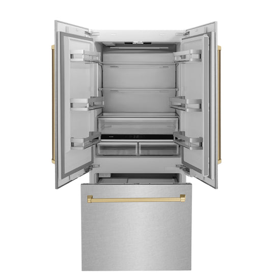 ZLINE Autograph Edition 36 in. 19.6 cu. ft. French Door Built-In Bottom Freezer Refrigerator with Water Dispenser and Ice Maker in Satin Stainless Steel with Champagne Bronze Accents (RBIVZ-SN-36-CB)