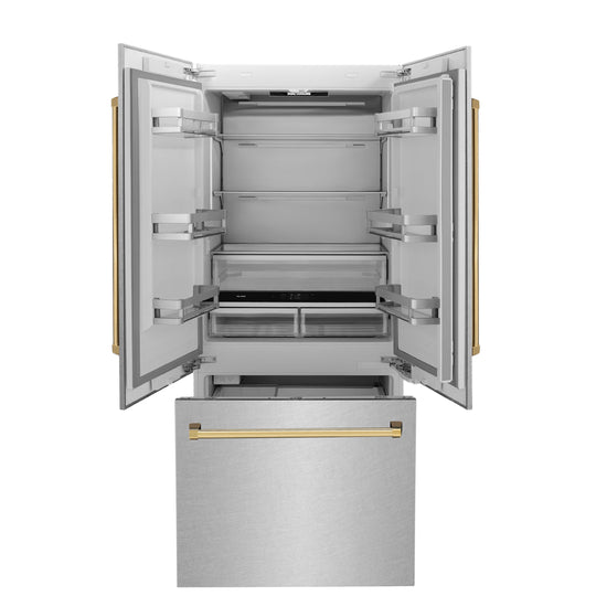 ZLINE Autograph Edition 36 in. 19.6 cu. ft. French Door Built-In Bottom Freezer Refrigerator with Water Dispenser and Ice Maker in Satin Stainless Steel with Polished Gold Accents (RBIVZ-SN-36-G)