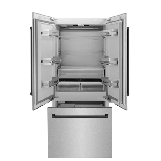ZLINE Autograph Edition 36 in. 19.6 cu. ft. French Door Built-In Bottom Freezer Refrigerator with Water Dispenser and Ice Maker in Satin Stainless Steel with Matte Black Accents (RBIVZ-SN-36-MB)