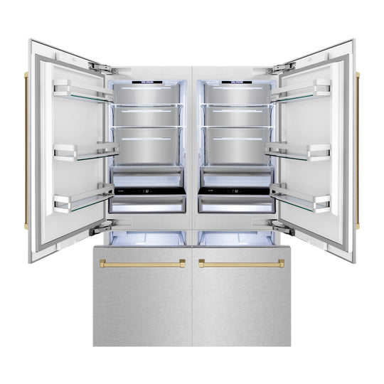 ZLINE Autograph Edition 60 in. 32.2 cu. ft. French Door Built-In Bottom Freezer Refrigerator with Water Dispenser and Ice Maker in Satin Stainless Steel with Champagne Bronze Accents (RBIVZ-SN-60-CB)