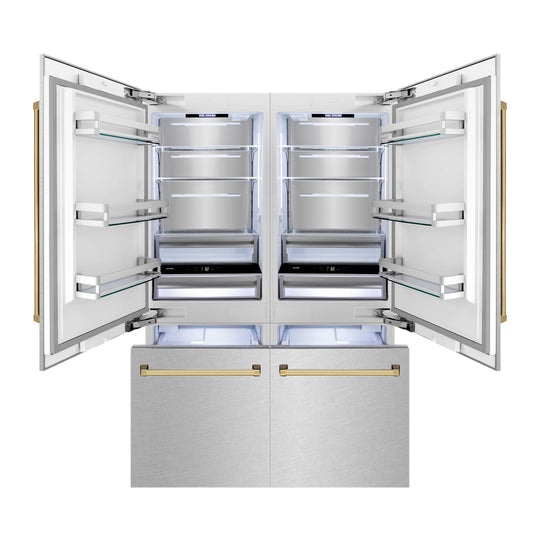 ZLINE Autograph Edition 60 in. 32.2 cu. ft. French Door Built-In Bottom Freezer Refrigerator with Water Dispenser and Ice Maker in Satin Stainless Steel with Polished Gold Accents (RBIVZ-SN-60-G)