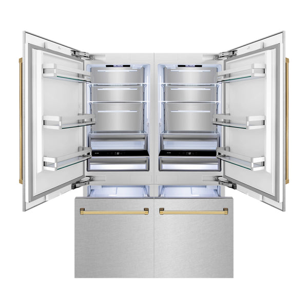 ZLINE Autograph Edition 60 in. 32.2 cu. ft. French Door Built-In Bottom Freezer Refrigerator with Water Dispenser and Ice Maker in Satin Stainless Steel with Polished Gold Accents (RBIVZ-SN-60-G)