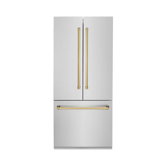 ZLINE Autograph Edition 36 in. 19.6 cu. ft. French Door Built-In Bottom Freezer Refrigerator with Water Dispenser and Ice Maker in Stainless Steel with Polished Gold Accents (RBIVZ-304-36-G)