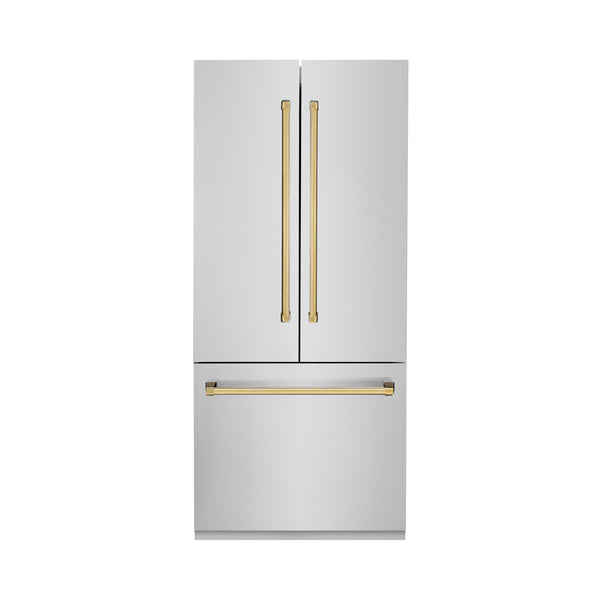 ZLINE Autograph Edition 36 in. 19.6 cu. ft. French Door Built-In Bottom Freezer Refrigerator with Water Dispenser and Ice Maker in Stainless Steel with Polished Gold Accents (RBIVZ-304-36-G)