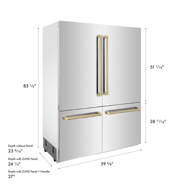 ZLINE Autograph Edition 60 in. 32.2 cu. ft. French Door Built-In Bottom Freezer Refrigerator with Water Dispenser and Ice Maker in Stainless Steel with Champagne Bronze Accents (RBIVZ-304-60-CB)