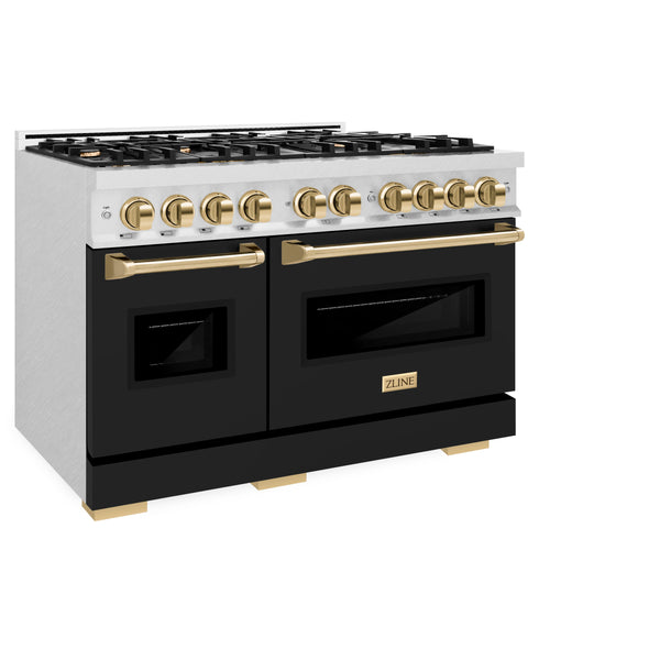 ZLINE Autograph Edition 48 in. 6.7 cu. ft. Classic Double Oven Dual Fuel Range with 8 Burner Gas Cooktop in Satin Stainless Steel with Black Matte Doors and Polished Gold Accents (CDRSZ-BLM-48-G)