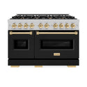 ZLINE Autograph Edition 48 in. 6.7 cu. ft. Classic Double Oven Gas Range with 8 Burner Cooktop in Satin Stainless Steel with Black Matte Doors and Polished Gold Accents (CGRSZ-BLM-48-G)