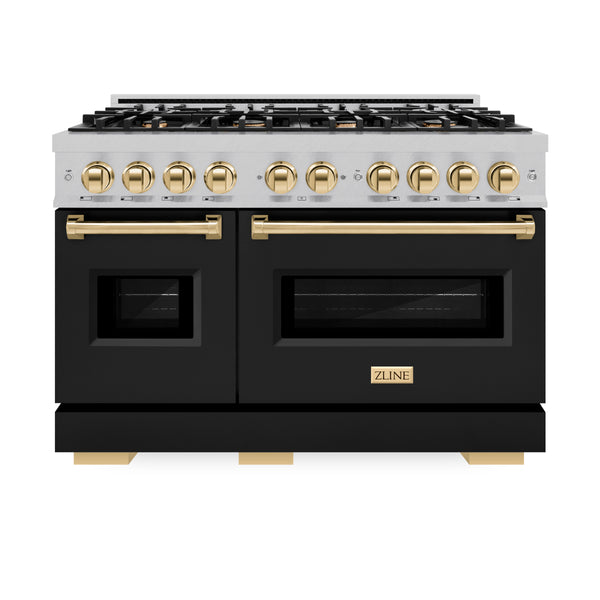 ZLINE Autograph Edition 48 in. 6.7 cu. ft. Classic Double Oven Gas Range with 8 Burner Cooktop in Satin Stainless Steel with Black Matte Doors and Polished Gold Accents (CGRSZ-BLM-48-G)