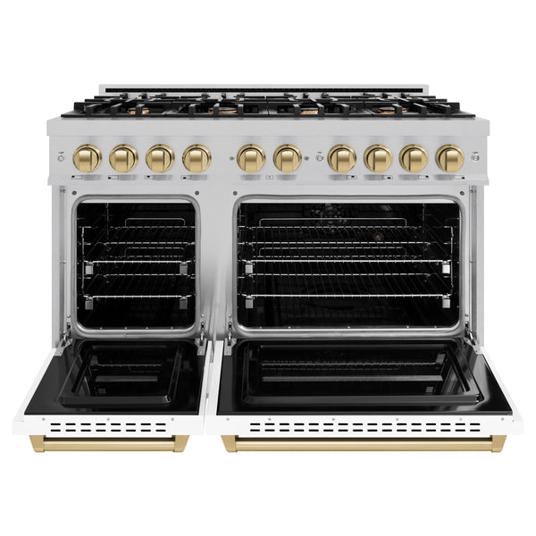 ZLINE Autograph Edition 48 in. 6.7 cu. ft. Classic Double Oven Dual Fuel Range with 8 Burner Gas Cooktop in DuraSnow® Stainless Steel with White Matte Doors and Champagne Bronze Accents (CDRSZ-WM-48-CB)