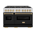 ZLINE Autograph Edition 48 in. 6.7 cu. ft. Classic Double Oven Gas Range with 8 Burner Cooktop in Stainless Steel with Black Matte Doors and Polished Gold Accents (CGRZ-BLM-48-G)