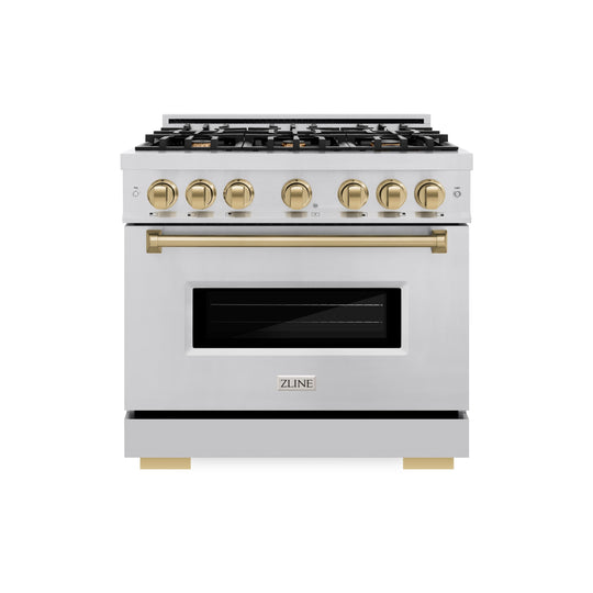 ZLINE Autograph Edition 36 in. 5.2 cu. ft. Classic Dual Fuel Range with 6 Burner Gas Cooktop and Electric Convection Oven in Stainless Steel with Champagne Bronze Accents (CDRZ-36-CB)