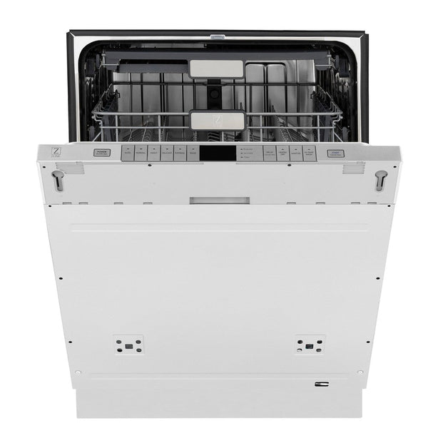 ZLINE 24 in. Panel Ready Monument Series 3rd Rack Top Touch Control Dishwasher with Stainless Steel Tub, 45dBa (DWMT-24) front, half open.
