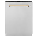 ZLINE Autograph Edition 24 in. 3rd Rack Top Touch Control Tall Tub Dishwasher in Stainless Steel with Champagne Bronze Handle, 45dBa (DWMTZ-304-24-CB) front, closed.