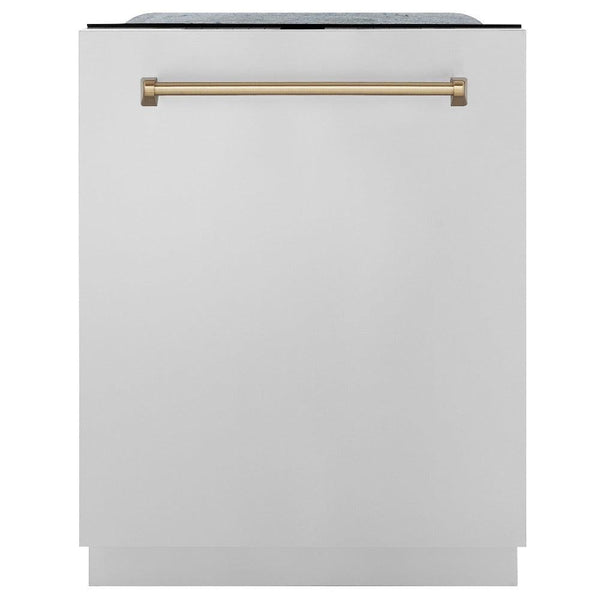 ZLINE Autograph Edition 24 in. 3rd Rack Top Touch Control Tall Tub Dishwasher in Stainless Steel with Champagne Bronze Handle, 45dBa (DWMTZ-304-24-CB) front, closed.