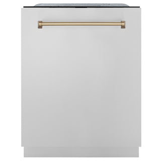 ZLINE Autograph Edition 24" Monument Series 3rd Rack Top Touch Control Tall Tub Dishwasher in Stainless Steel with Champagne Bronze Handle, 45dBa (DWMTZ-304-24-CB)