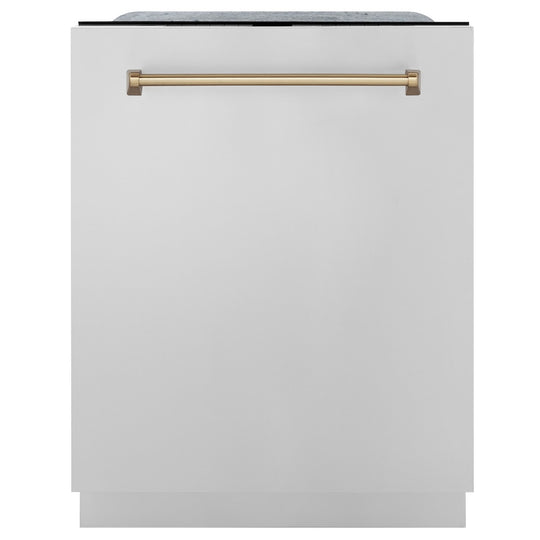 ZLINE Autograph Edition 24 in. Monument Series 3rd Rack Top Touch Control Tall Tub Dishwasher in Stainless Steel with Champagne Bronze Handle, 45dBa (DWMTZ-304-24-CB)