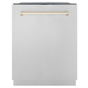 ZLINE Autograph Edition 24 in. 3rd Rack Top Touch Control Tall Tub Dishwasher in Stainless Steel with Polished Gold Handle, 45dBa (DWMTZ-304-24-G) front, closed.