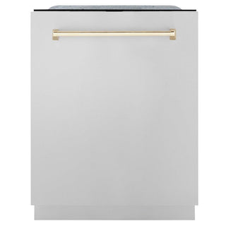 ZLINE Autograph Edition 24 in. 3rd Rack Top Touch Control Tall Tub Dishwasher in Stainless Steel with Polished Gold Handle, 45dBa (DWMTZ-304-24-G) front, closed.