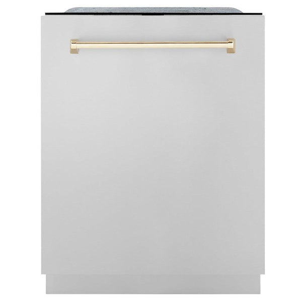 ZLINE Autograph Edition 24 in. 3rd Rack Top Touch Control Tall Tub Dishwasher in Stainless Steel with Polished Gold Handle, 45dBa (DWMTZ-304-24-G) front, closed.