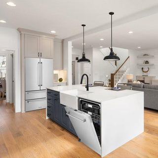 ZLINE 24 in. Monument Series Dishwasher with Stainless Steel Door (DWMT-304-24) in farmhouse style kitchen with white counters