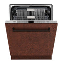 ZLINE 24 in. Monument Series 3rd Rack Top Touch Control Dishwasher with Hand-Hammered Copper Panel, 45dBa (DWMT-HH-24) front, half open.