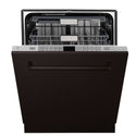 ZLINE 24 in. Monument Series 3rd Rack Top Touch Control Dishwasher with Oil-Rubbed Bronze Panel, 45dBa (DWMT-ORB-24) front, half open.