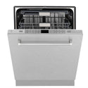 ZLINE 24 in. Monument Series 3rd Rack Top Touch Control Dishwasher with Fingerprint Resistant Stainless Steel Panel, 45dBa (DWMT-SN-24) front, half open.