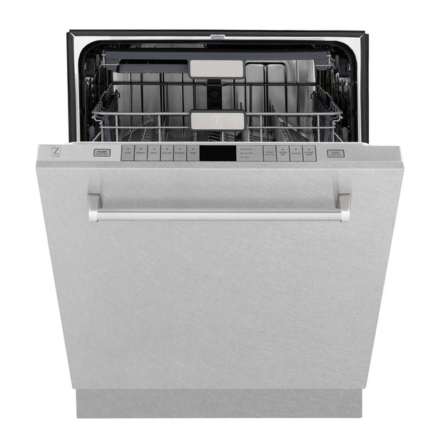 ZLINE 24 in. Monument Series 3rd Rack Top Touch Control Dishwasher with Fingerprint Resistant Stainless Steel Panel, 45dBa (DWMT-SN-24) front, half open.