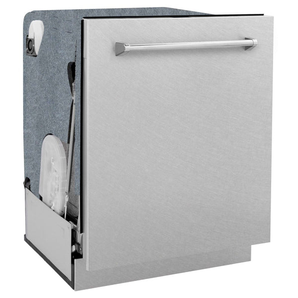ZLINE 24 in. Monument Series 3rd Rack Top Touch Control Dishwasher with Fingerprint Resistant Stainless Steel Panel, 45dBa (DWMT-SN-24) side, closed.