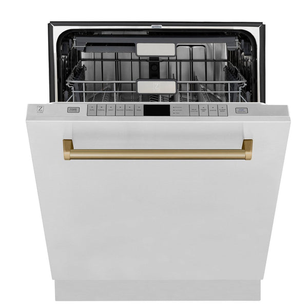 Front door of ZLINE Autograph Edition 24 in. Monument Dishwasher partially open.