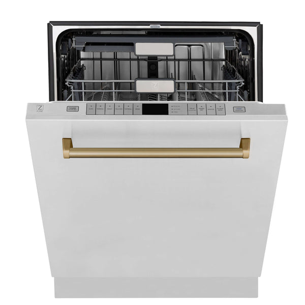 Front door of ZLINE Autograph Edition 24 in. Monument Dishwasher partially open.