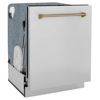 ZLINE Autograph Edition 24 in. 3rd Rack Top Touch Control Tall Tub Dishwasher in Stainless Steel with Champagne Bronze Handle, 45dBa (DWMTZ-304-24-CB) side, closed.