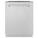 ZLINE Autograph Edition 24 in. Monument Dishwasher with Stainless Steel panel and Gold Handle front.