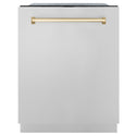ZLINE Autograph Edition 24 in. Monument Dishwasher with Stainless Steel panel and Gold Handle front.