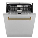 ZLINE Autograph Edition 24 in. 3rd Rack Top Control Tall Tub Dishwasher in Fingerprint Resistant Stainless Steel with Champagne Bronze Accents, 45dBa (DWMTZ-SN-24-CB) front, half open.