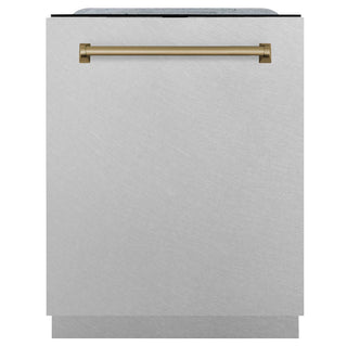 ZLINE Autograph Edition 24 in. 3rd Rack Top Control Tall Tub Dishwasher in Fingerprint Resistant Stainless Steel with Champagne Bronze Accents, 45dBa (DWMTZ-SN-24-CB) front, closed.