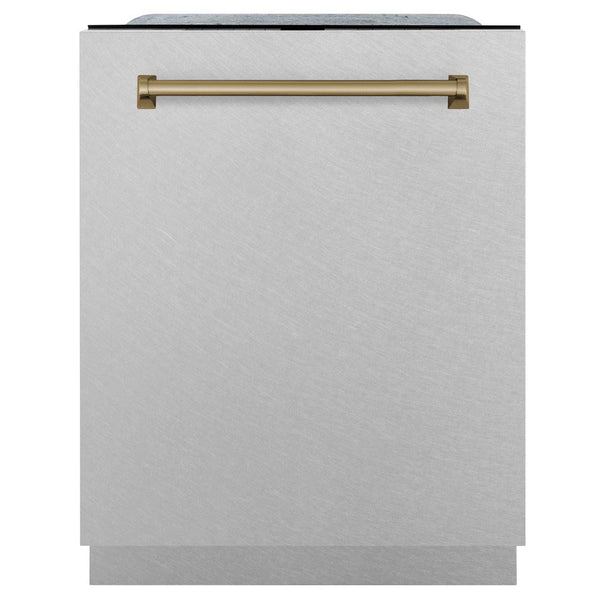 ZLINE Autograph Edition 24 in. 3rd Rack Top Control Tall Tub Dishwasher in Fingerprint Resistant Stainless Steel with Champagne Bronze Accents, 45dBa (DWMTZ-SN-24-CB) front, closed.