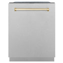 ZLINE Autograph Edition 24 in. 3rd Rack Top Control Tall Tub Dishwasher in Fingerprint Resistant Stainless Steel with Polished Gold Accents, 45dBa (DWMTZ-SN-24-G) front, closed.
