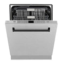 ZLINE Autograph Edition 24 in. 3rd Rack Top Control Tall Tub Dishwasher in Fingerprint Resistant Stainless Steel with Matte Black Accents, 45dBa (DWMTZ-SN-24-MB) front, half open.