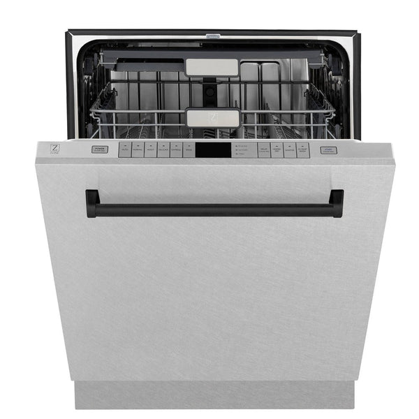 ZLINE Autograph Edition 24 in. 3rd Rack Top Control Tall Tub Dishwasher in Fingerprint Resistant Stainless Steel with Matte Black Accents, 45dBa (DWMTZ-SN-24-MB) front, half open.