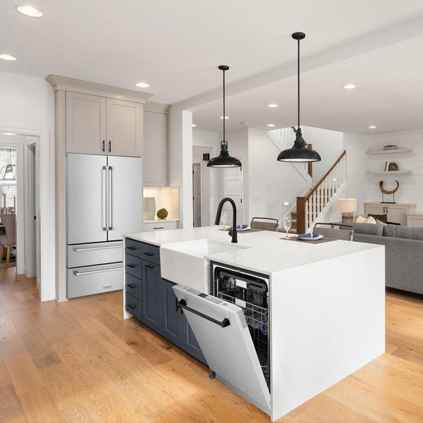 ZLINE Autograph Edition 24 in. Monument Dishwasher in DuraSnow Stainless Steel with Matte Black Handle (DWMTZ-SN-24-MB) in rustic farmhouse style kitchen with white cabinets and countertops