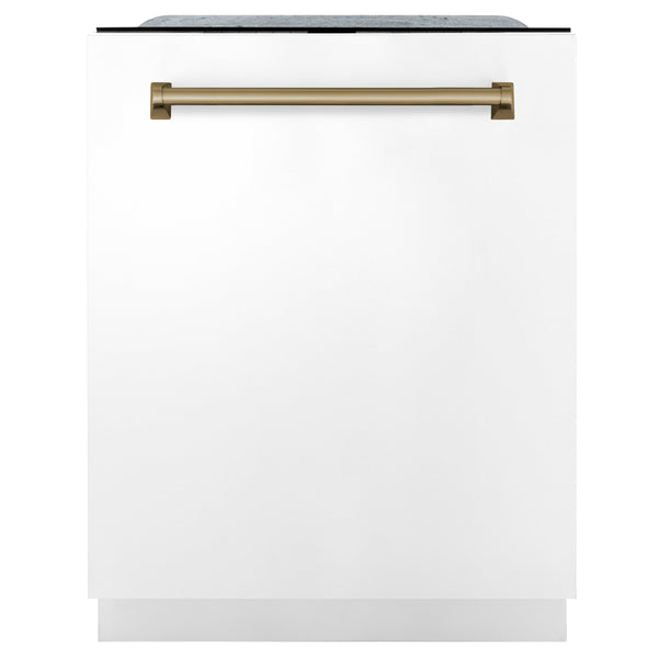 ZLINE Autograph Edition 48 in. Kitchen Package with Stainless Steel Dual Fuel Range with White Matte Door, Range Hood and Dishwasher with Champagne Bronze Accents (3AKP-RAWMRHDWM48-CB) 