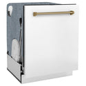 ZLINE Autograph Edition 24 in. 3rd Rack Top Touch Control Tall Tub Dishwasher in White Matte with Champagne Bronze Accent Handle, 45dBa (DWMTZ-WM-24-CB) side, closed.