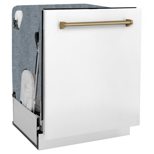 ZLINE Autograph Edition 24 in. 3rd Rack Top Touch Control Tall Tub Dishwasher in White Matte with Champagne Bronze Accent Handle, 45dBa (DWMTZ-WM-24-CB) side, closed.