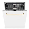 ZLINE Autograph Edition 24 in. 3rd Rack Top Touch Control Tall Tub Dishwasher in White Matte with Polished Gold Accent Handle, 45dBa (DWMTZ-WM-24-G) front, half open.
