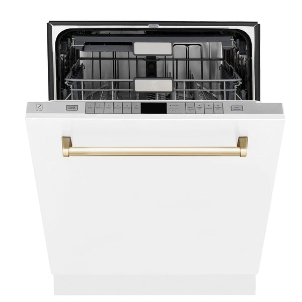 ZLINE Autograph Edition 24 in. 3rd Rack Top Touch Control Tall Tub Dishwasher in White Matte with Polished Gold Accent Handle, 45dBa (DWMTZ-WM-24-G) front, half open.