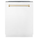 ZLINE Autograph Edition 24 in. 3rd Rack Top Touch Control Tall Tub Dishwasher in White Matte with Polished Gold Accent Handle, 45dBa (DWMTZ-WM-24-G) front, closed.